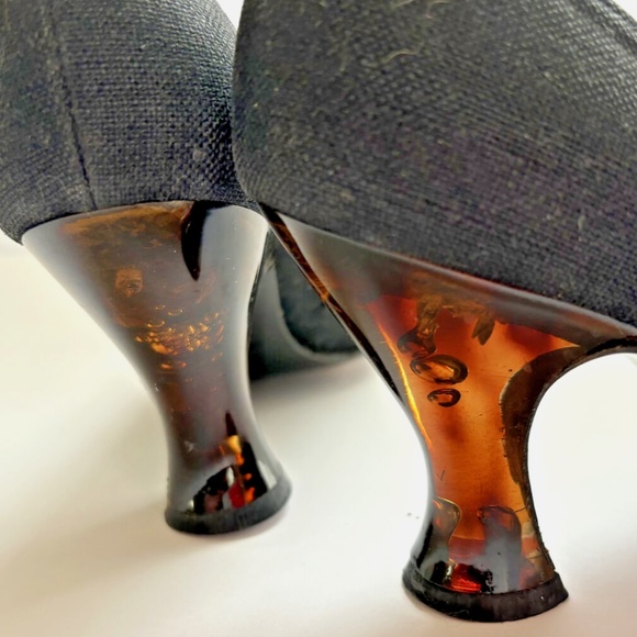 Vintage YSL Yves Saint Laurent Lucite Heel Linen Shoes 7M - Picture 2 of 16